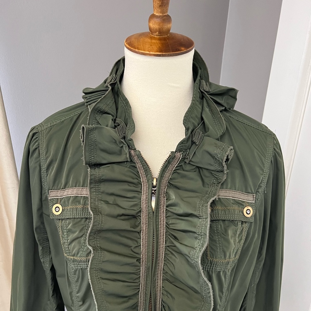 White House Black Market army Green Ruffle Jacket